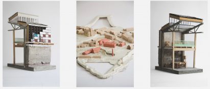 a series of three photographs of an architectural model