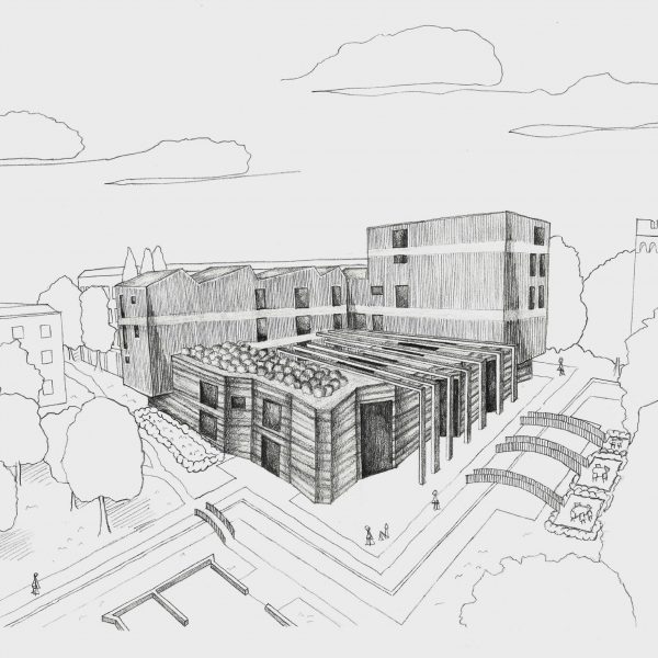 an illustration of a building in tones of black and white