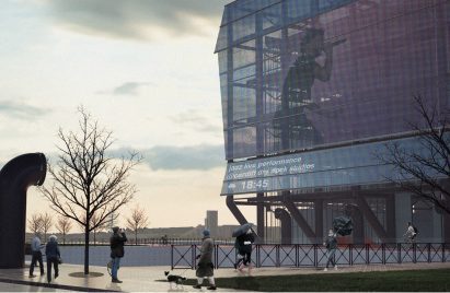 a visualisation of a building in tones of grey and blue