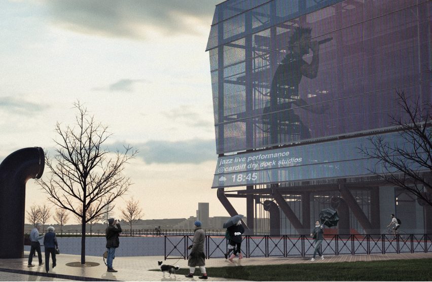 a visualisation of a building in tones of grey and blue