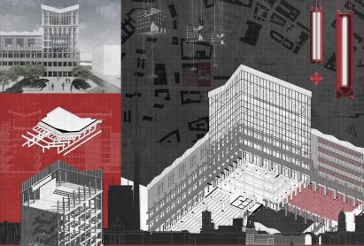 an image displaying a building design in tones of grey and red