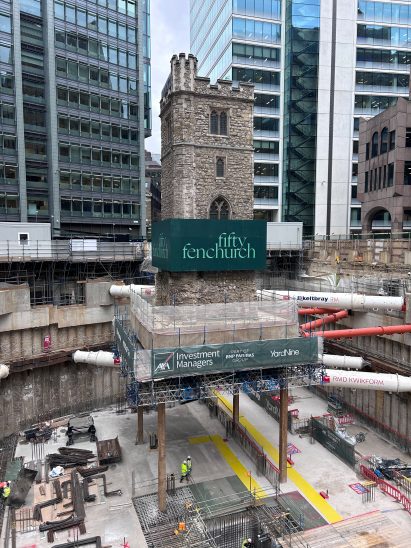 Excavation for 50 Fenchurch Street around medieval London church tower