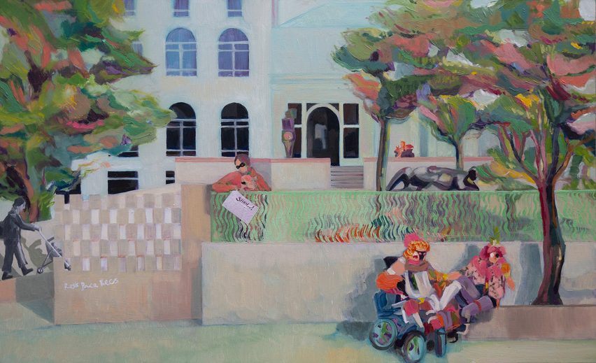 a painting in tones of beige, green, blue, pink and orange