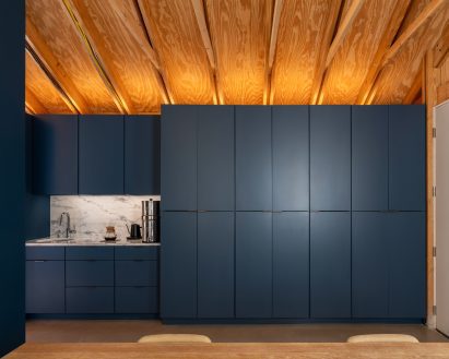 Minimally detailed kitchen and storage units below a timber ceiling