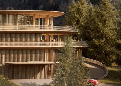View of timber showroom by Foster + Partners