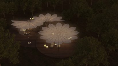 a visualisation of buildings from above with white roofs