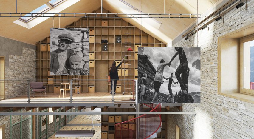 a visualisation of an interior of a building in tones of beige