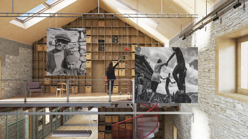 a visualisation of a cultural centre in tones of beige and grey