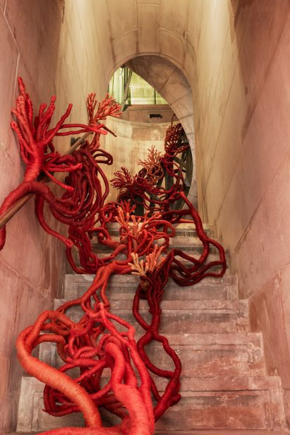 Hand-woven coral forms in a stairwell