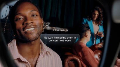 Composite image showing talking and a live caption overlaid on the top