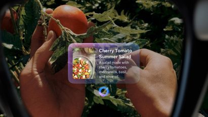 Image of an augmented-reality display over a view of a tomato plant showing a recipe for cherry tomato summer salad