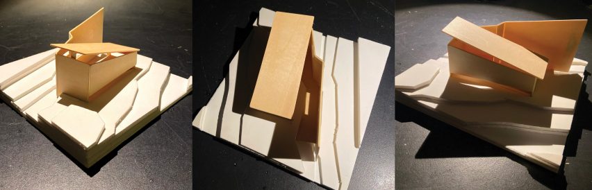 three photographs of a wooden sculpture