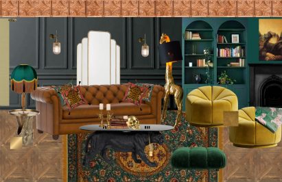 an image of a lounge room in tones of brown, green, yellow and beige