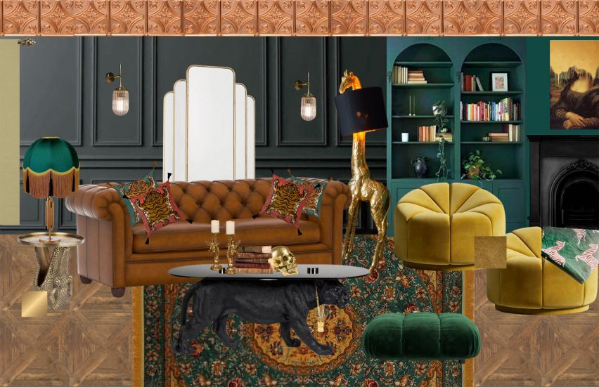 an image of a lounge room in tones of brown, green, yellow and beige