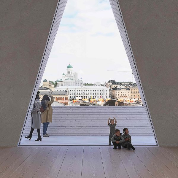 Render of a triangular window overlooking Helsinki