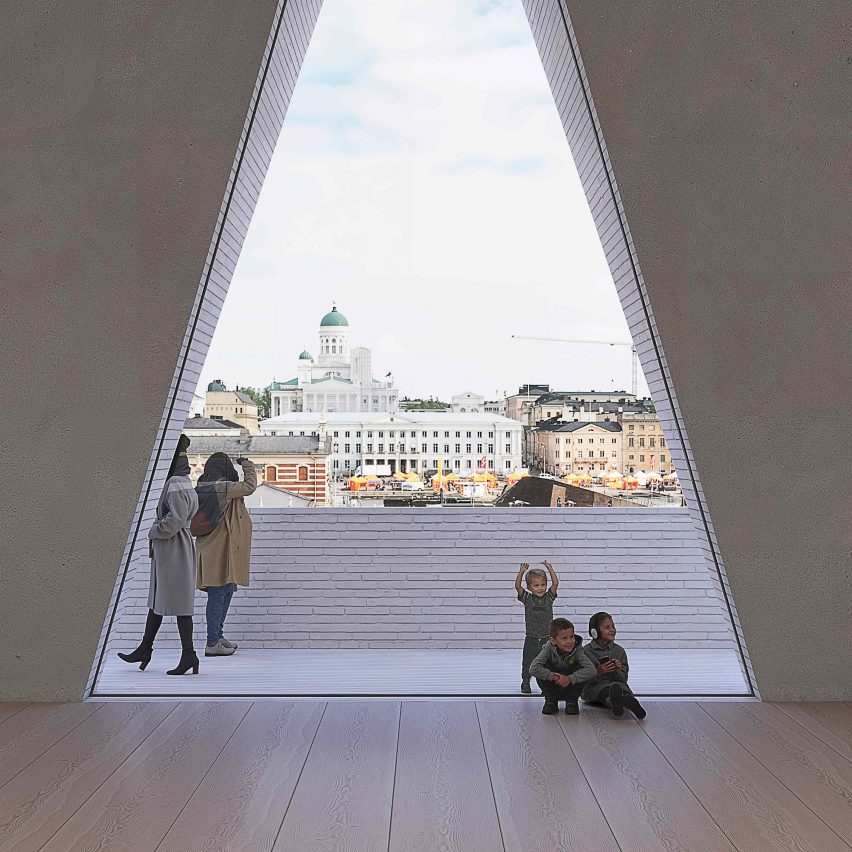 Render of a triangular window overlooking Helsinki