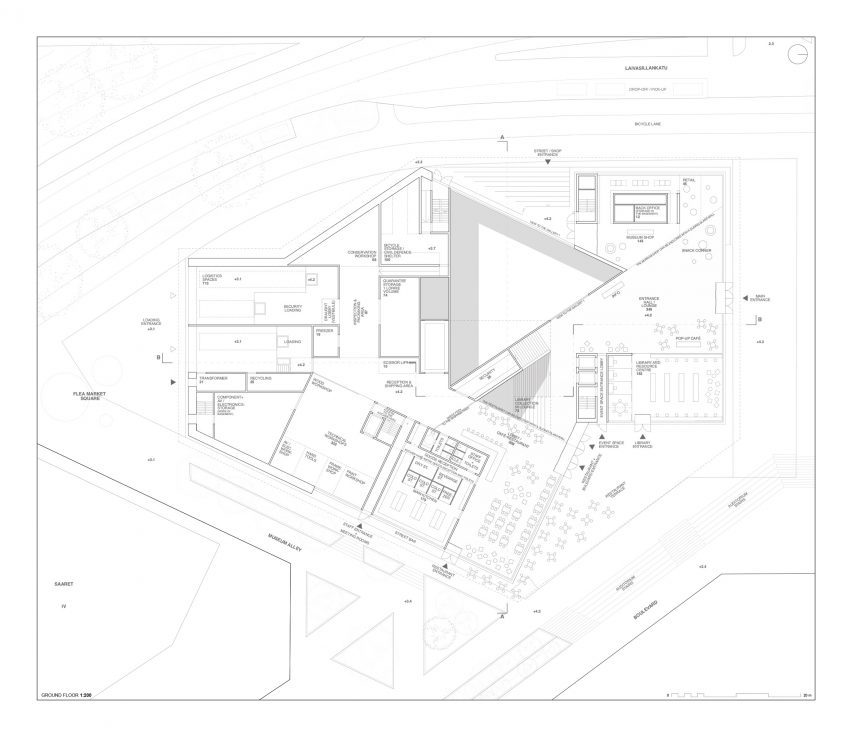 Ground floor plan of the Museum of Architecture and Design Helsinki by JKMM Architects