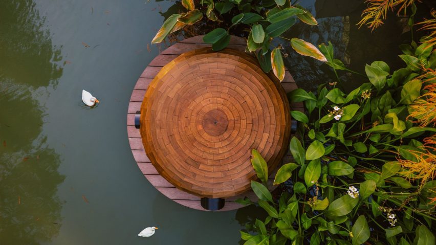 Circular wooden duck shelter from above
