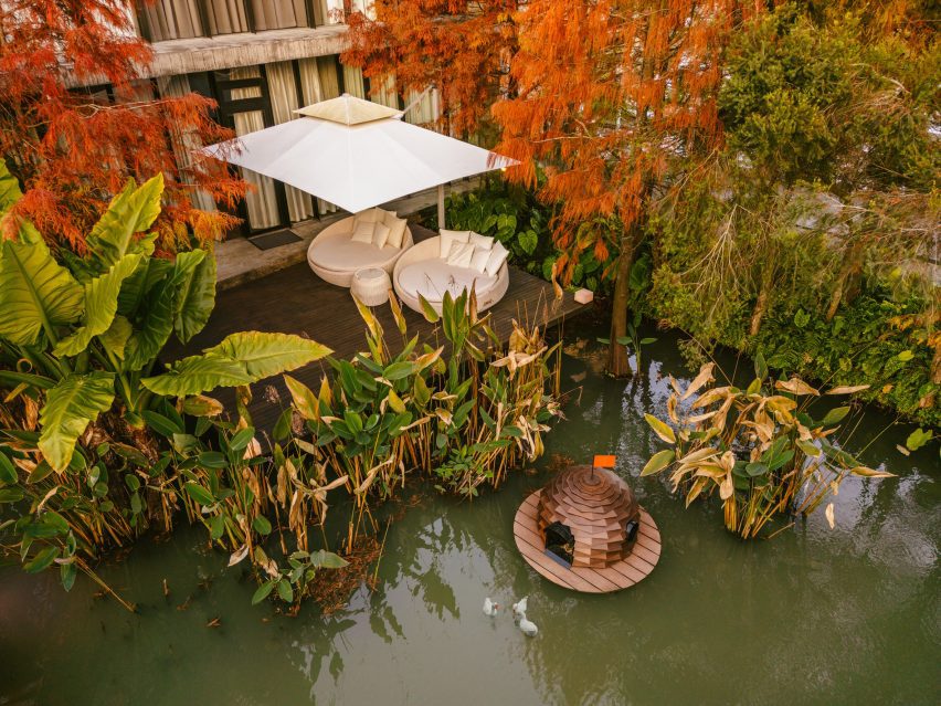 Floating duck house at villa in Taiwan