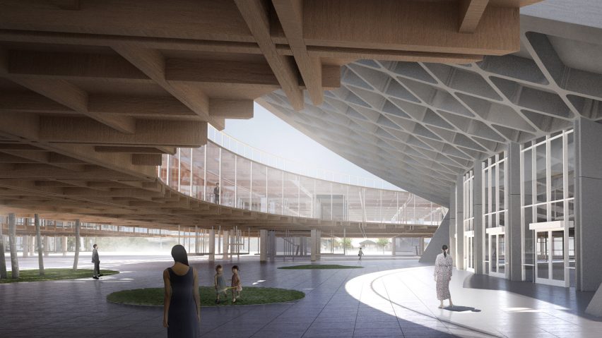 Render of Ethan Akiyama Poh's reimagined gymnasium in Japan by Kenzo Tange