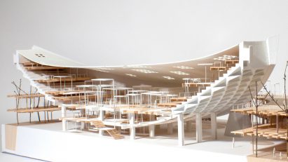 Model of Ethan Akiyama Poh's reimagined gymnasium in Japan by Kenzo Tange