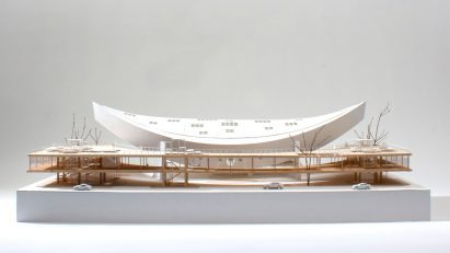 Model of Ethan Akiyama Poh's reimagined gymnasium in Japan by Kenzo Tange