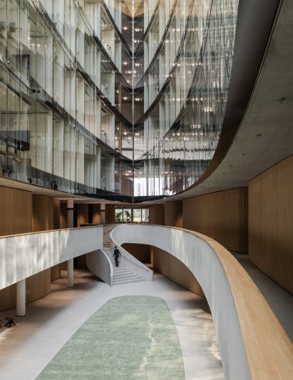 Atrium at One Roof Lombard Odier headquarters in Geneva by Herzog & de Meuron