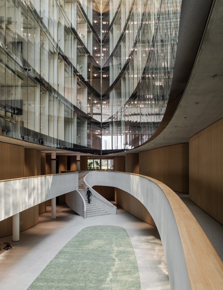 Atrium at One Roof Lombard Odier headquarters in Geneva by Herzog & de Meuron