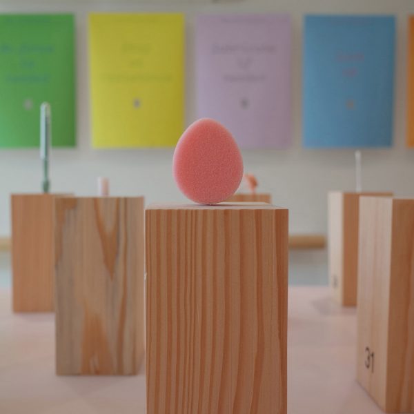 Pink sponge on wooden plinth