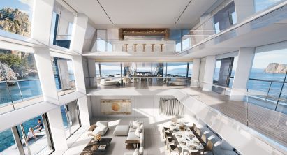 Triple-height atrium of Outlier I yacht concept by Foster + Partners and Lateral