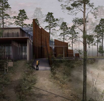 a visualisation of a brown building in a woodland area