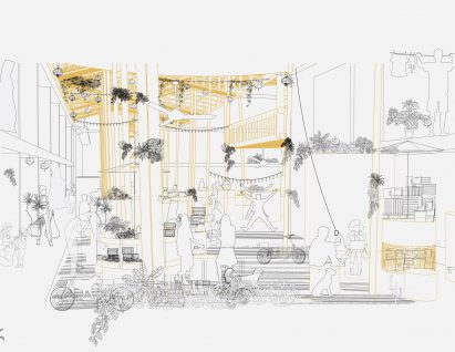 a diagram of a building design in tones of black and yellow, on a white backdrop