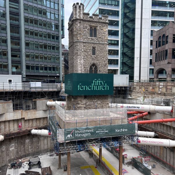 Excavation for 50 Fenchurch Street around medieval London church tower