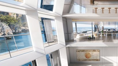 Triple-height atrium of Outlier I yacht concept by Foster + Partners and Lateral