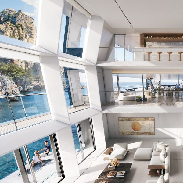 Triple-height atrium of Outlier I yacht concept by Foster + Partners and Lateral