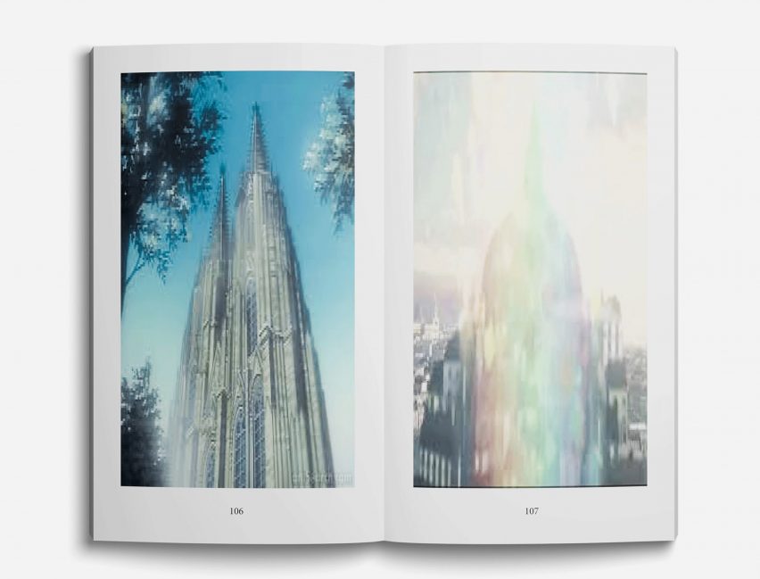 a photograph of an open book with pixelated images printed onto its pages