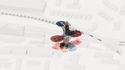 an image of a building proposal in tones of red and blue, against a white backdrop