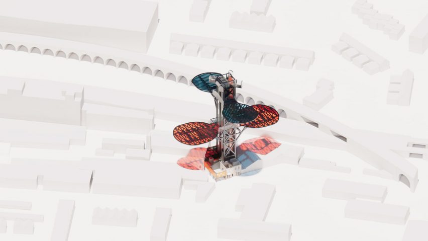 an image of a building proposal in tones of red and blue, against a white backdrop