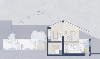 an image of a building plan in tones of blue, white and beige