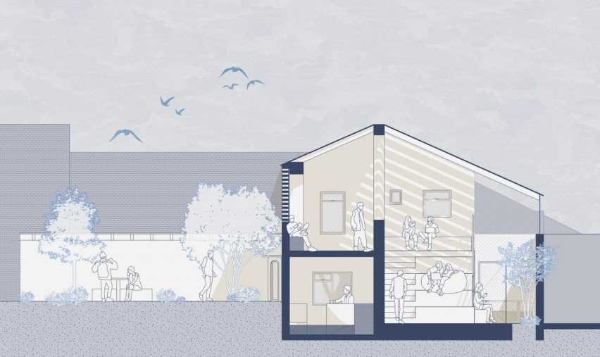 an image of a building plan in tones of blue, white and beige