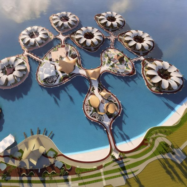 a visualisation of an architectural structure built over water