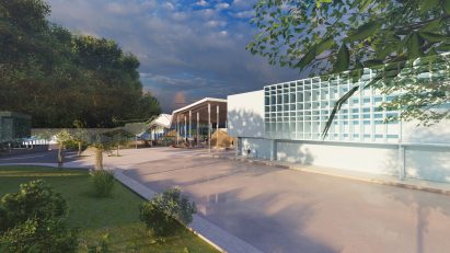a visualisation of a university campus in tones of white