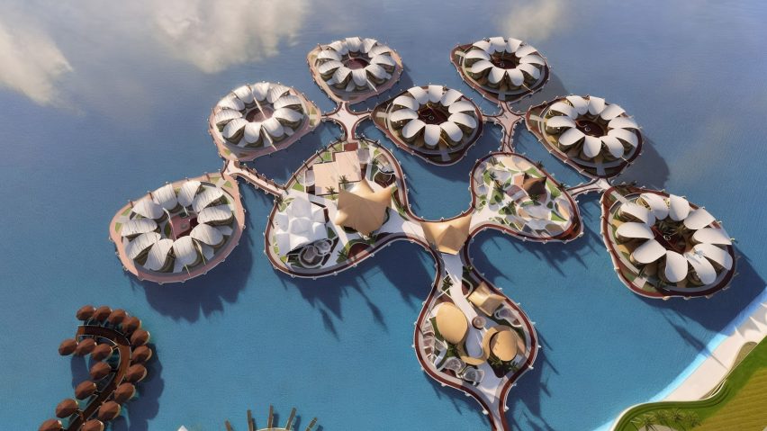 a visualisation of an architectural structure built over water