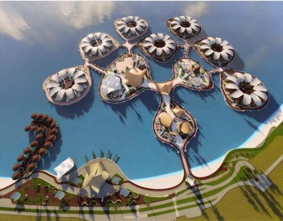 a visualisation of an architectural structure built over water