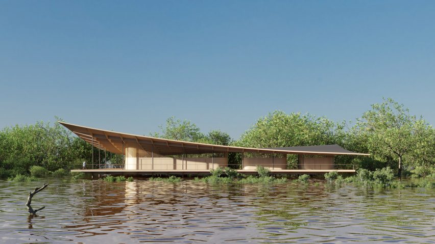 a visualisation of a building on wateer