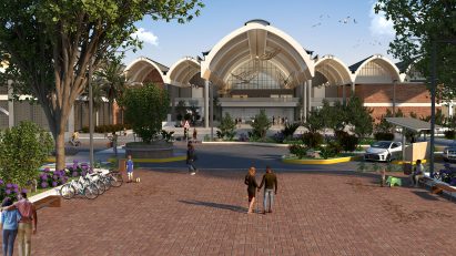 a visualisation of a food market building in tones of white and grey
