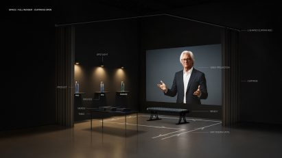 Visualisation of exhibition space with large projected area on wall showing video