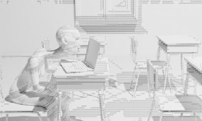 Image made up of numbers showing figure peering at a laptop in a classroom