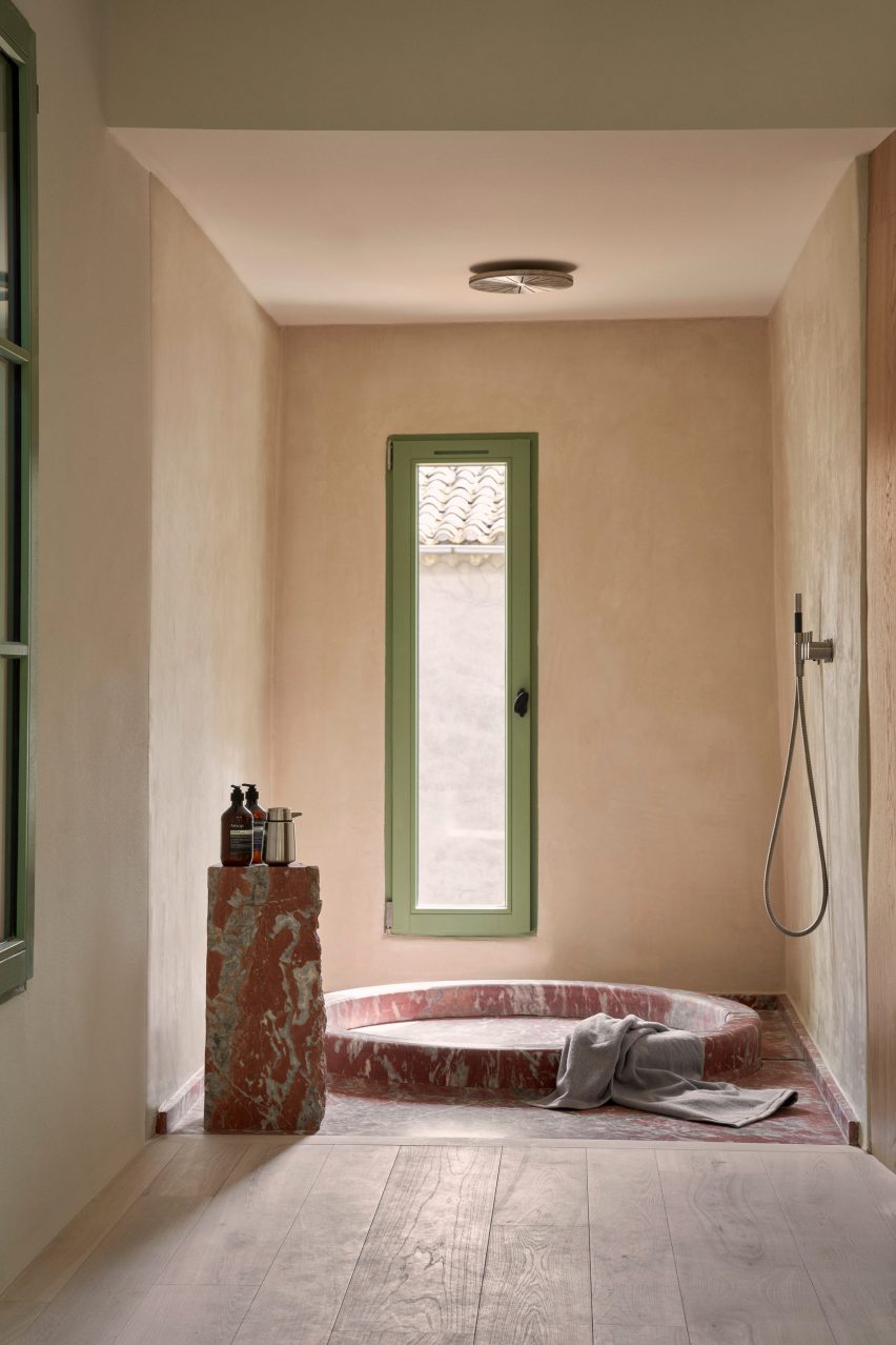 Red marble shower in Vipp Townhouse