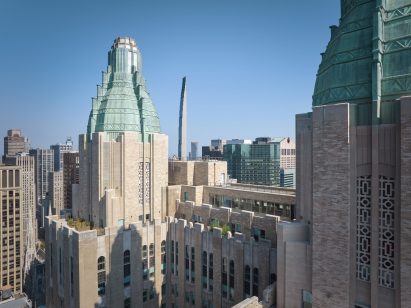 Twin copper pinnacles atop the art deco Waldorf Astoria building